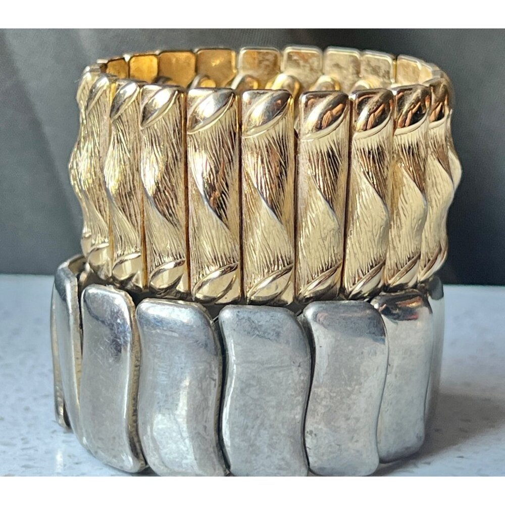 Lot Of 2 Gold Textured Silver-Tone Mid-Century Modern Stretch Bracelets Lot of 2